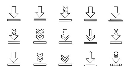 Fototapeta premium Arrows download icon set with multiple black line styles and symbols, various directions and shapes for user interface design.