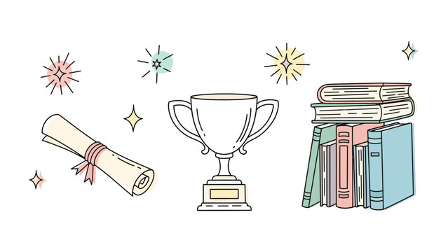 Education Essentials: Celebrating academic milestones, a rolled diploma, a gleaming trophy, and stacks of well-worn books symbolize achievement and the pursuit of knowledge.