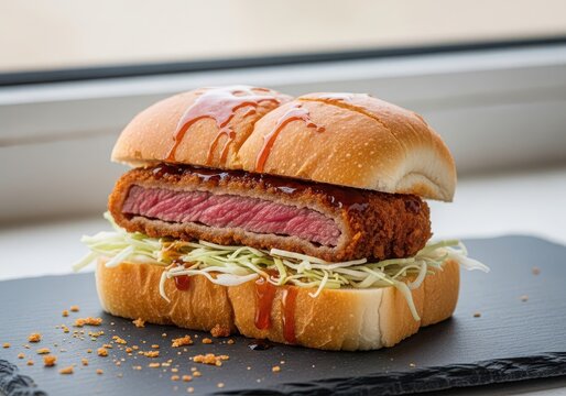 Gourmet wagyu beef katsu sando sandwich with cabbage on slate board