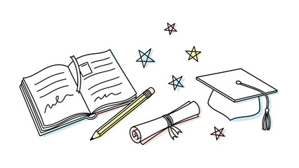 Dreams and Diploma: a line art of a graduation concept, featuring open book, pencil, diploma scroll, and cap, is accompanied by a scattering of stars. © Shafiq