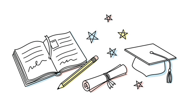 Dreams and Diploma: a line art of a graduation concept, featuring open book, pencil, diploma scroll, and cap, is accompanied by a scattering of stars.