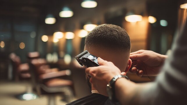 Barber uses clippers for skin fade in modern barbershop with warm lighting