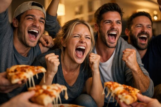 Freunde jubeln mit Pizza bei spannendem Sportereignis zuhause
Begeisterte Gruppe feiert gemeinsam einen emotionalen Spielmoment im Wohnzimmer mit Pizza