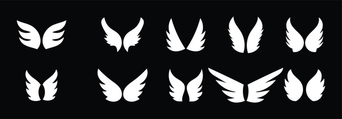 Fototapeta premium Collection of white wing icon. White wing icon pattern set with feathers, minimalist flying symbol collection in vector style.