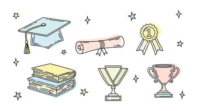 Education Symbol Set: An illustration of essential elements of academia: a graduation cap, rolled diploma, winner's medal, stacked books, and two trophies, all framed by glittering stars.