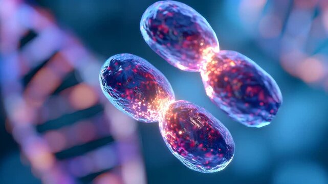 Cell division occurring near a dna strand. Biological mitosis process under microscopy. Science research on genetic engineering and cellular development concept.