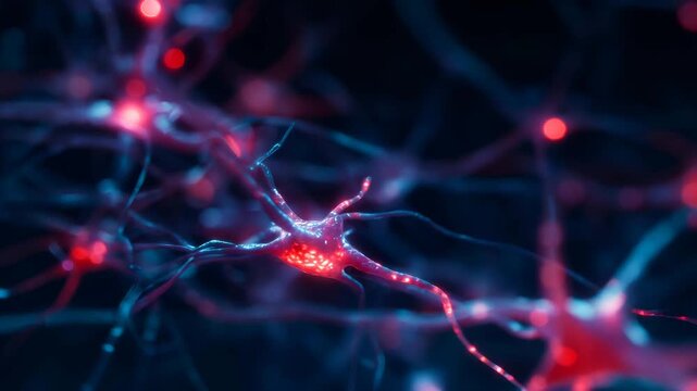 Glowing neurons firing in neural network. Scientific visualization of synapse connection. Brain activity, mental health, and neurological medicine research concept.