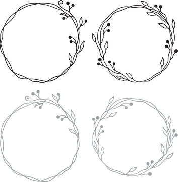 Set of hand drawn floral wreaths and circular branch frames with berries isolated on transparent background