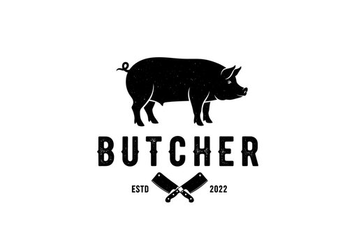 Vintage Butcher Shop Logo with Pig Silhouette and Crossed Cleavers - Retro Meat Market Badge