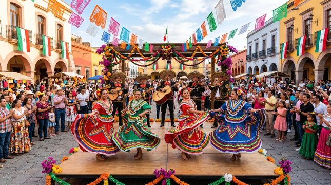 Traditional Mexican dancers perform on stage.