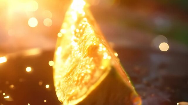 Close-up of a juicy melon slice with a bright, sunny background.