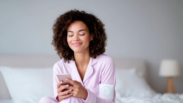 Woman with blood pressure monitor on arm using smartphone, digital health tracking concept. Patient monitoring heart rate during remote telemedicine checkup at home.