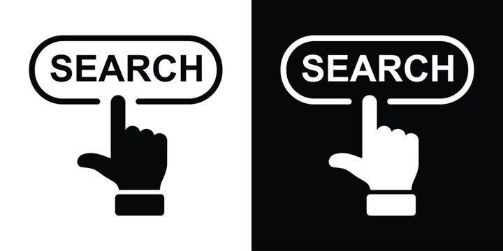 Bold black "SEARCH" text in oval button tapped by pointing finger silhouette, paired with white inverse on black square. High-contrast minimalist vector for search bars, magnifying UI, app find functi