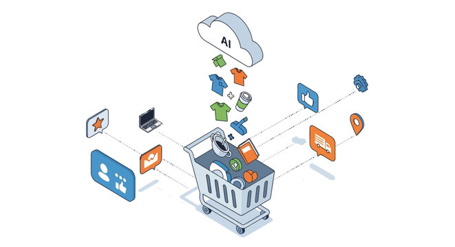 Isometric AI E-commerce and Smart Shopping Concept Illustration - Online Retail Automation with Cloud Technology and Digital Marketing Icons