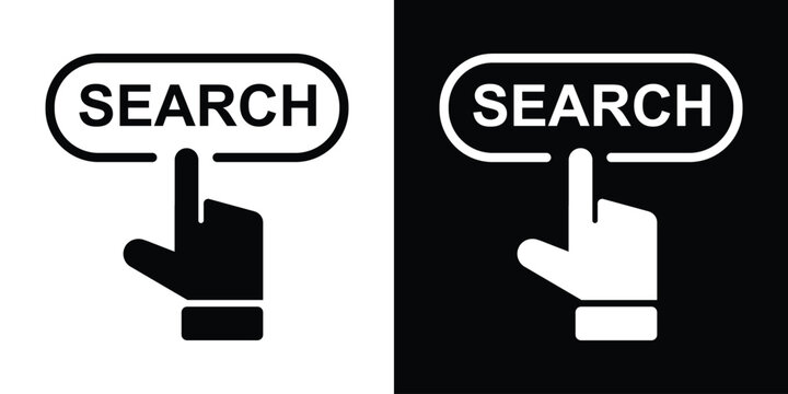 Bold black "SEARCH" text in oval button tapped by pointing finger silhouette, paired with white inverse on black square. High-contrast minimalist vector for search bars, magnifying UI, app find functi