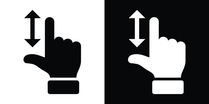 Vertical double arrow (up/down) beside pointing index finger in black line art, white version on black square. Clean vector for swipe gestures, scroll controls, mobile UI navigation. High-contrast min