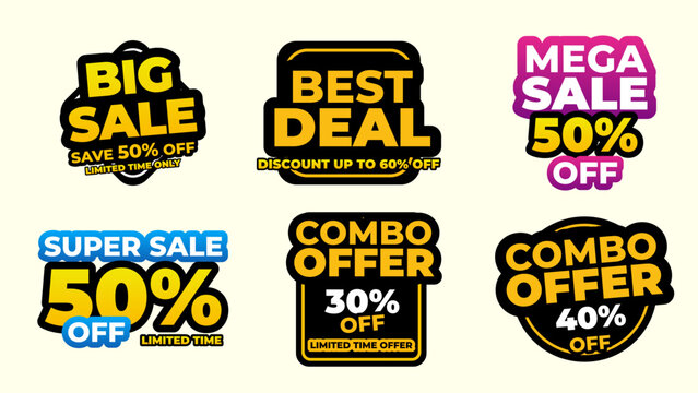 Big sale, best deal, mega sale, super sale, combo offer badges collection with discount offer price tag, discount percentage, price drop promotion, sale discount announcement, flat design discount