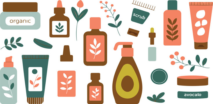 Organic skincare cosmetics set with natural cream, scrub and eco shampoo in bottles, jars and tubes for beauty packaging design