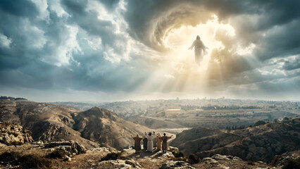 Ascension of Jesus Christ Above a Vast Biblical Valley Under Radiant Clouds
