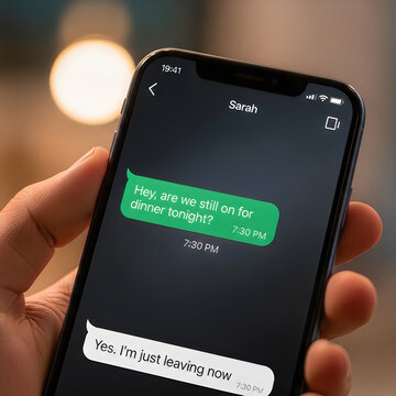 A hand holding a phone with a text conversation on the screen