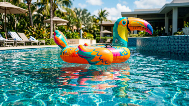 Tuc&aacute;n inflable gigante y ultra-realista flotando en una piscina de agua azul turquesa. Detalles n&iacute;tidos del vinilo con gotas de agua y reflejos ca&uacute;sticos complejos en el fondo de la piscina bajo el so