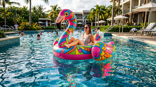 Tuc&aacute;n inflable gigante y ultra-realista flotando en una piscina de agua azul turquesa. Detalles n&iacute;tidos del vinilo con gotas de agua y reflejos ca&uacute;sticos complejos en el fondo de la piscina bajo el so