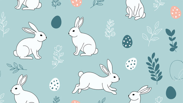 Seamless Easter background pattern shows white rabbits, colorful decorated eggs, and botanical leaves on a light blue base.