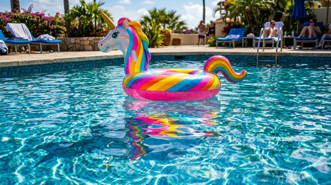 Tuc&aacute;n inflable gigante y ultra-realista flotando en una piscina de agua azul turquesa. Detalles n&iacute;tidos del vinilo con gotas de agua y reflejos ca&uacute;sticos complejos en el fondo de la piscina bajo el so