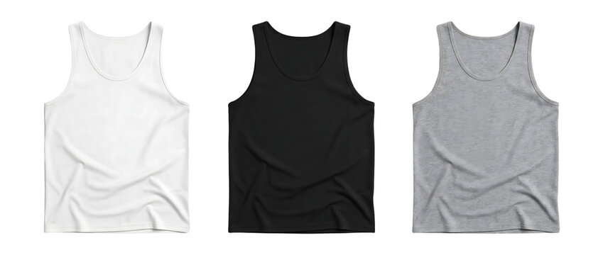 Set of blank tank tops in white, black, and grey for apparel mockup. Isolated on transparent background, png