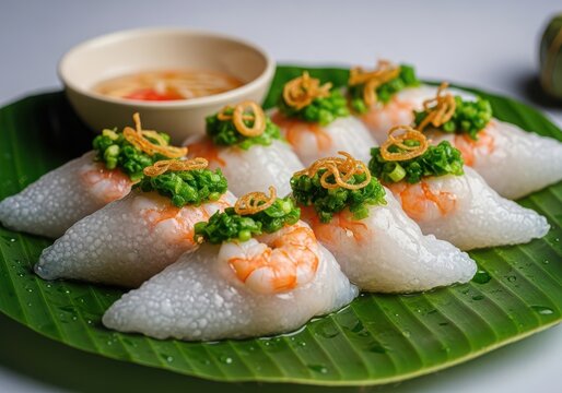 Banh bot loc, vietnamese clear shrimp dumplings on a banana leaf