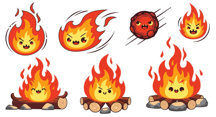 Fototapeta premium Cute Kawaii Fire Characters Collection: Flames, Campfires, Meteor