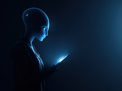 Humanoid extraterrestrial using holographic digital interface, artificial intelligence concept, futuristic technology, advanced communication and data analysis with advertising copy space