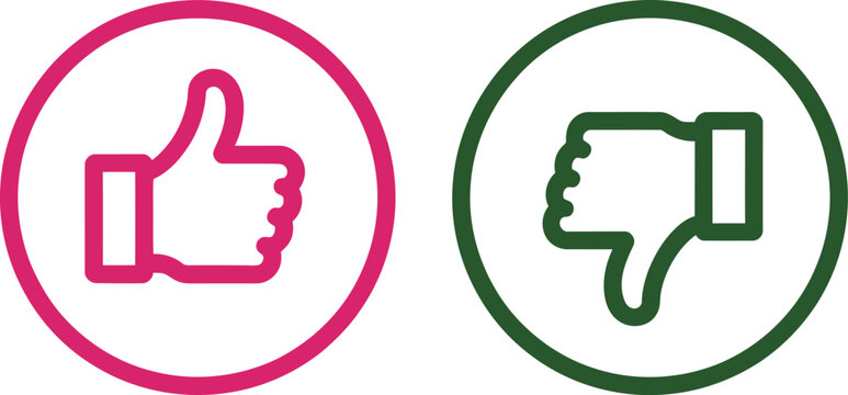 Pink thumbs up and dark green thumbs down icons representing feedback and social media review choices