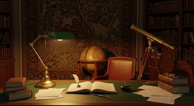 Photorealistic Victorian Study Office with Rich Tapestry, Globe, Antique Telescope, and Warm Lamplight