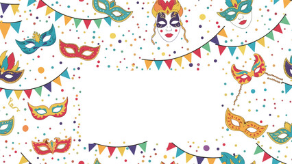 Obraz premium Festive carnival background with various colorful masquerade masks, colorful bunting flags, and confetti on a white background.