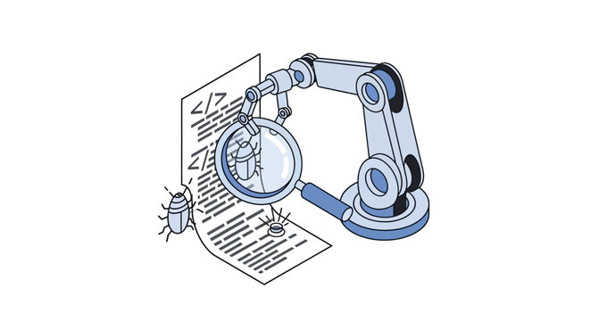 Automated Software Testing and Debugging Concept: Robotic Arm Inspecting Code with Magnifying Glass, Isometric Vector Illustration