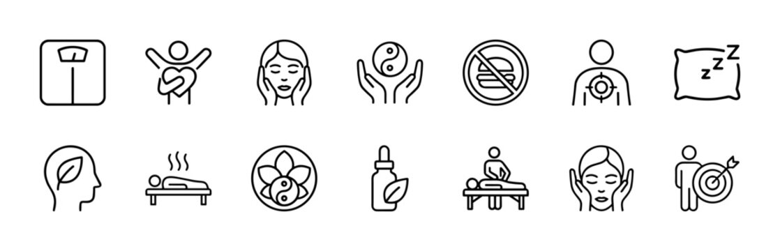 Wellness and healthcare minimalist outline icon set for web and mobile apps