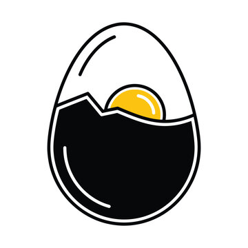 Minimalist cracked egg vector icon with yellow yolk, modern flat line art of a broken eggshell, simple food illustration for culinary branding and restaurant logos