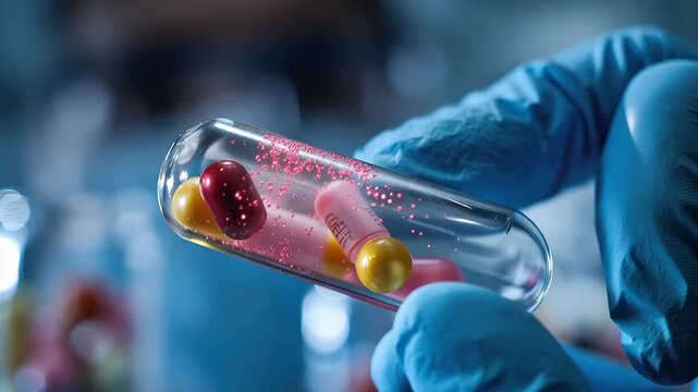 Innovative advancements in AI drug discovery showcased through a close-up view of a lab technician holding a capsule containing vibrant colored drugs