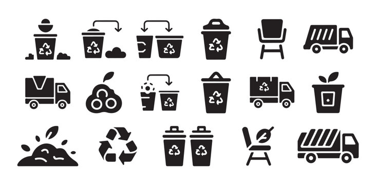 Set of recycling and garbage black icons isolated on white background for ecology concept