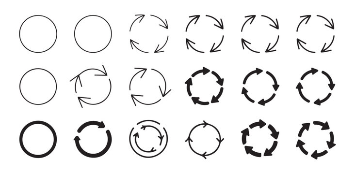 Set of black circular arrow icons and empty circles isolated on white background vector illustration