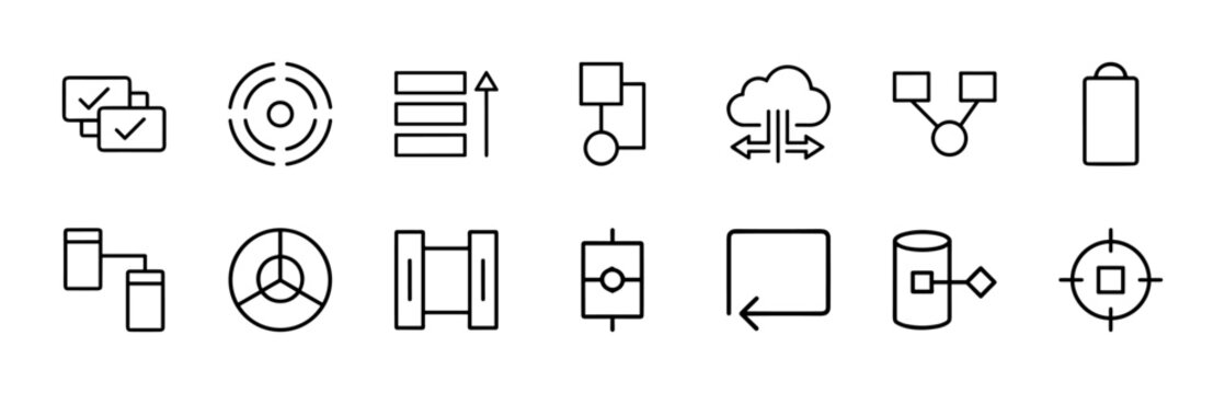 Minimalist workflow and data process line icons for business applications