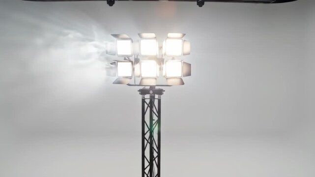 Bright Stage Lights on a Truss Tower Illuminating a Studio.