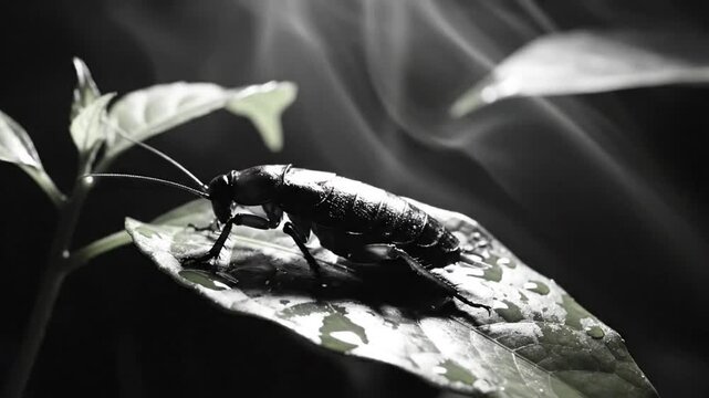 Black and White Macro Shot of a Cockroach Perched on a Wet Leaf With a Dark Background and Vapor