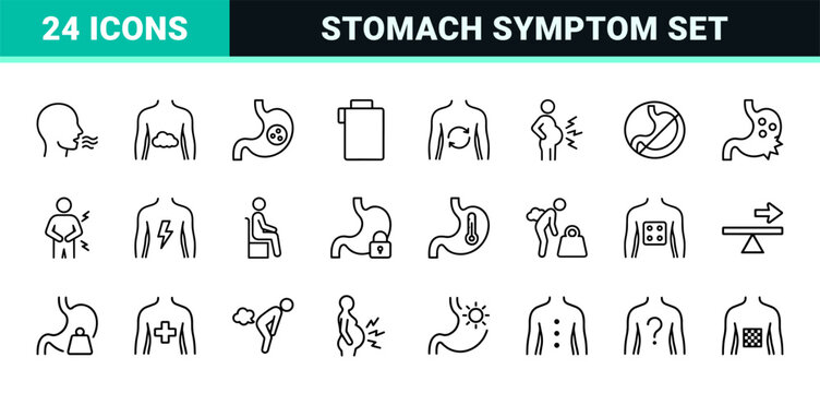 Gastrointestinal health and stomach ache line icon set