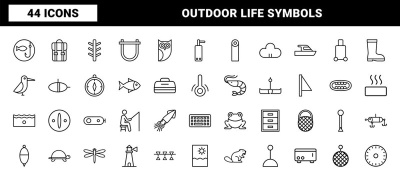 Fishing and camping line icon set with thin stroke equipment symbols
