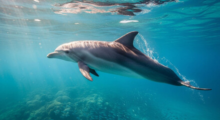 Fototapeta premium Dolphin Gracefully Swimming Underwater in Clear Blue Ocean with Sunlight Rays