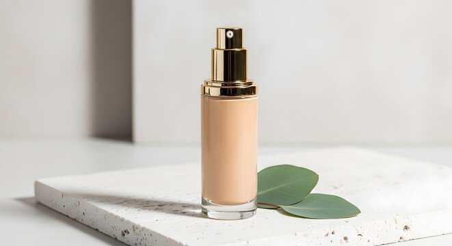 Liquid foundation bottle with gold pump dispenser on white travertine stone with green eucalyptus leaves