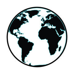 Obraz premium Minimalist world globe vector icon with black continents, earth planet map silhouette on white background, global geography and international travel symbol for web design