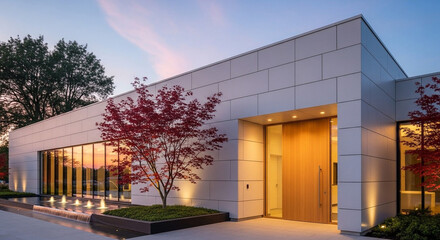 Fototapeta premium Modern and luxury build house at sunset with warm lighting 
